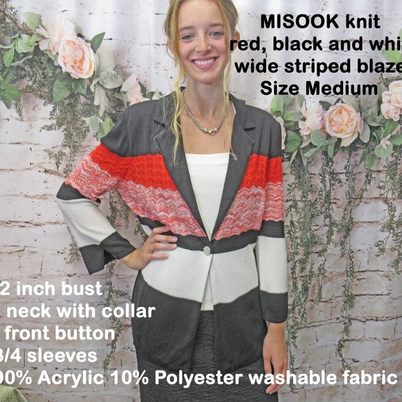MISOOK knit blazer, Red/black/white striped, V neck with collar, 1 front button - Picture 6 of 10